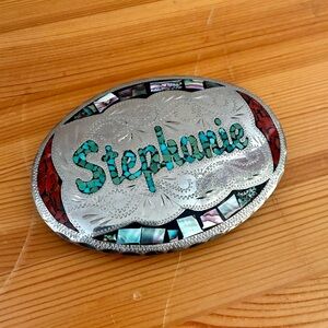 Custom Made Name STEPHANIE Turquoise Coral Abalone Inlay Western Belt Buckle